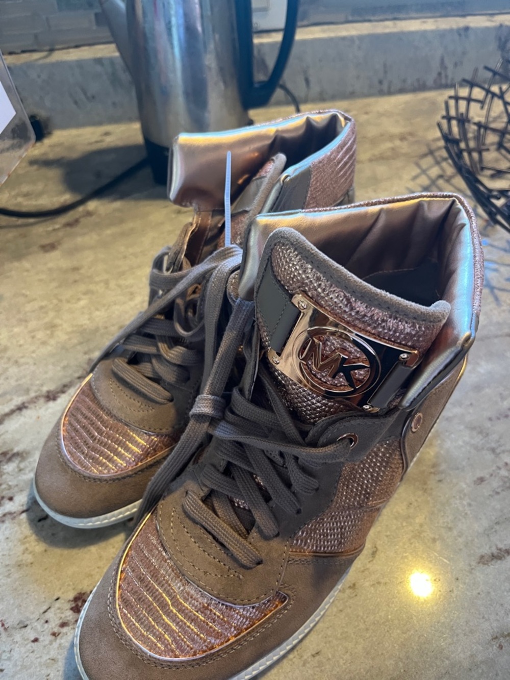 Michael Kors Metallic Taupe and Rose High-Top Sneakers